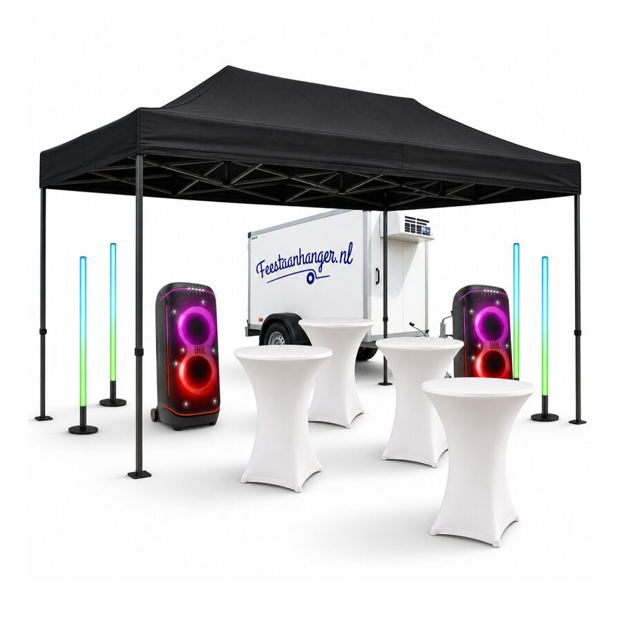 Compleet feest in een aanhanger inclusief geluid, verlichting, koelwagen en drank.